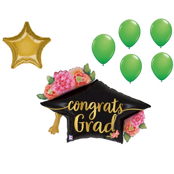 Loonballoon Graduation Grad Theme Balloon Set, 39in. Grad Watercolor Floral Cap Balloon, Star Foil 97241